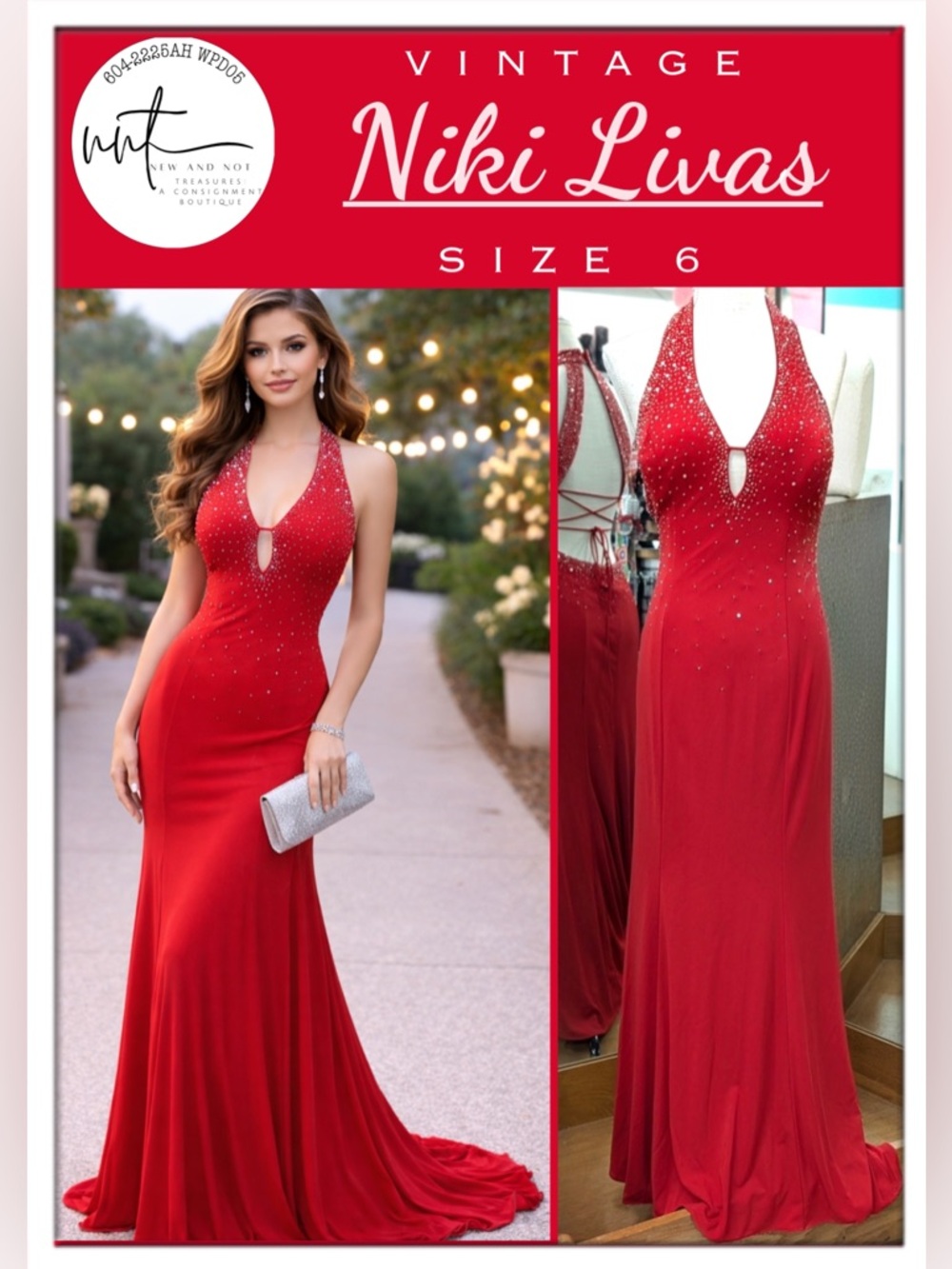 Vintage Niki Livas Red Rhinestone Halter Prom Evening Gown Open Back  Size 6